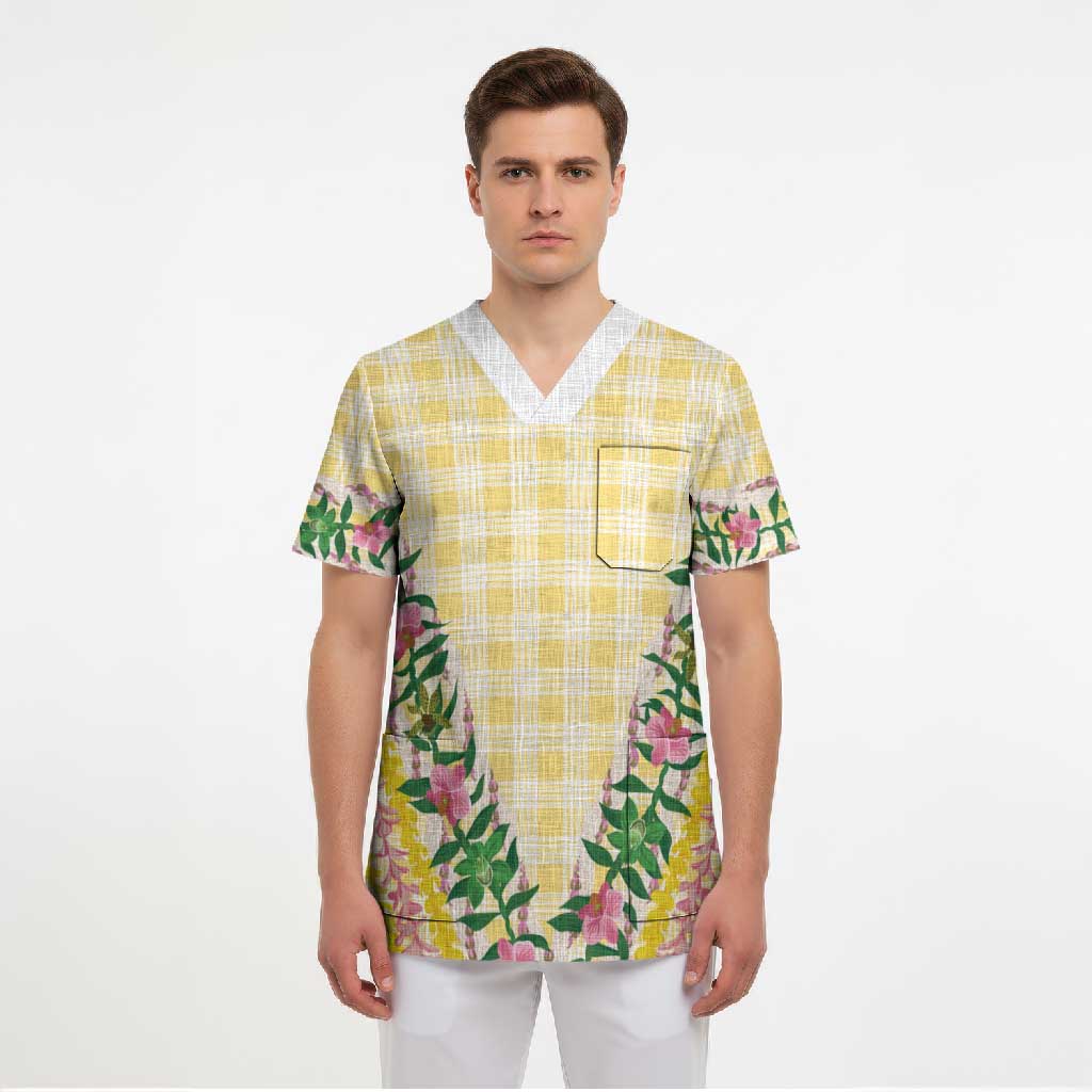 Hawaii Pikake Lokelani Plumeria Lei Scrub Top Yellow Palaka Motifs