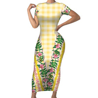 Hawaii Pikake Lokelani Plumeria Lei Short Sleeve Bodycon Dress Yellow Palaka Motifs