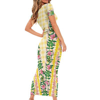 Hawaii Pikake Lokelani Plumeria Lei Short Sleeve Bodycon Dress Yellow Palaka Motifs