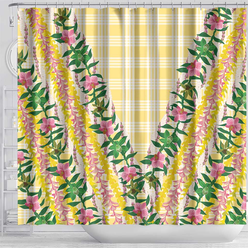 Hawaii Pikake Lokelani Plumeria Lei Shower Curtain Yellow Palaka Motifs