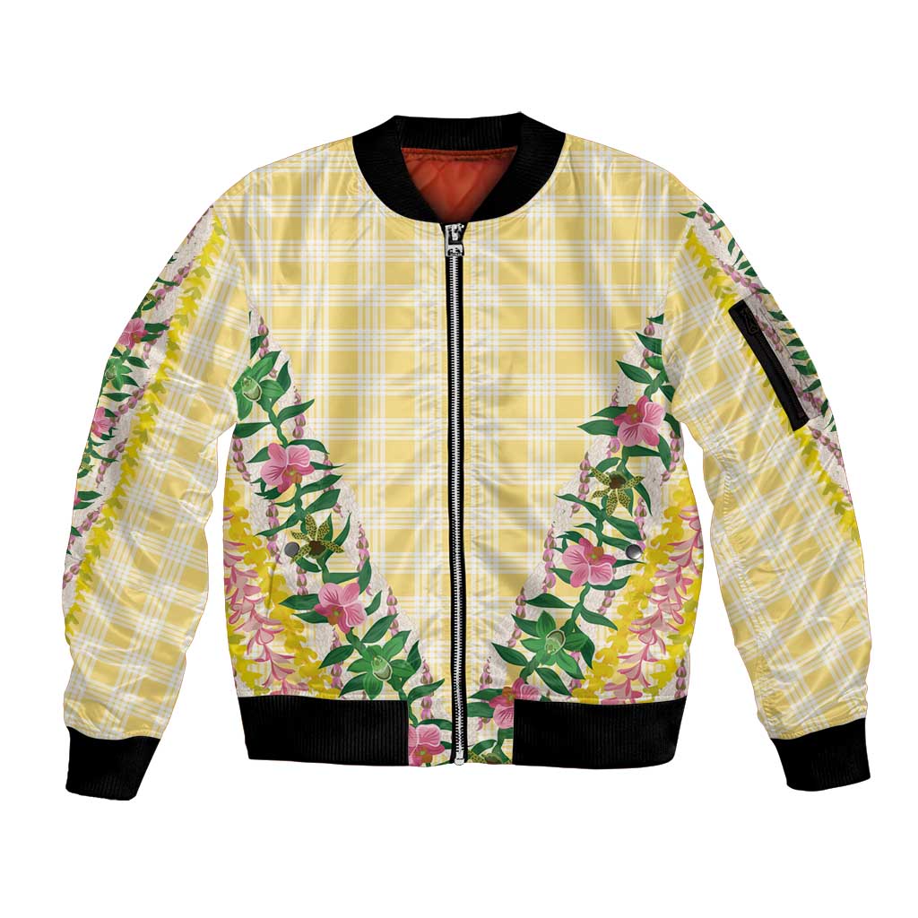 Hawaii Pikake Lokelani Plumeria Lei Sleeve Zip Bomber Jacket Yellow Palaka Motifs