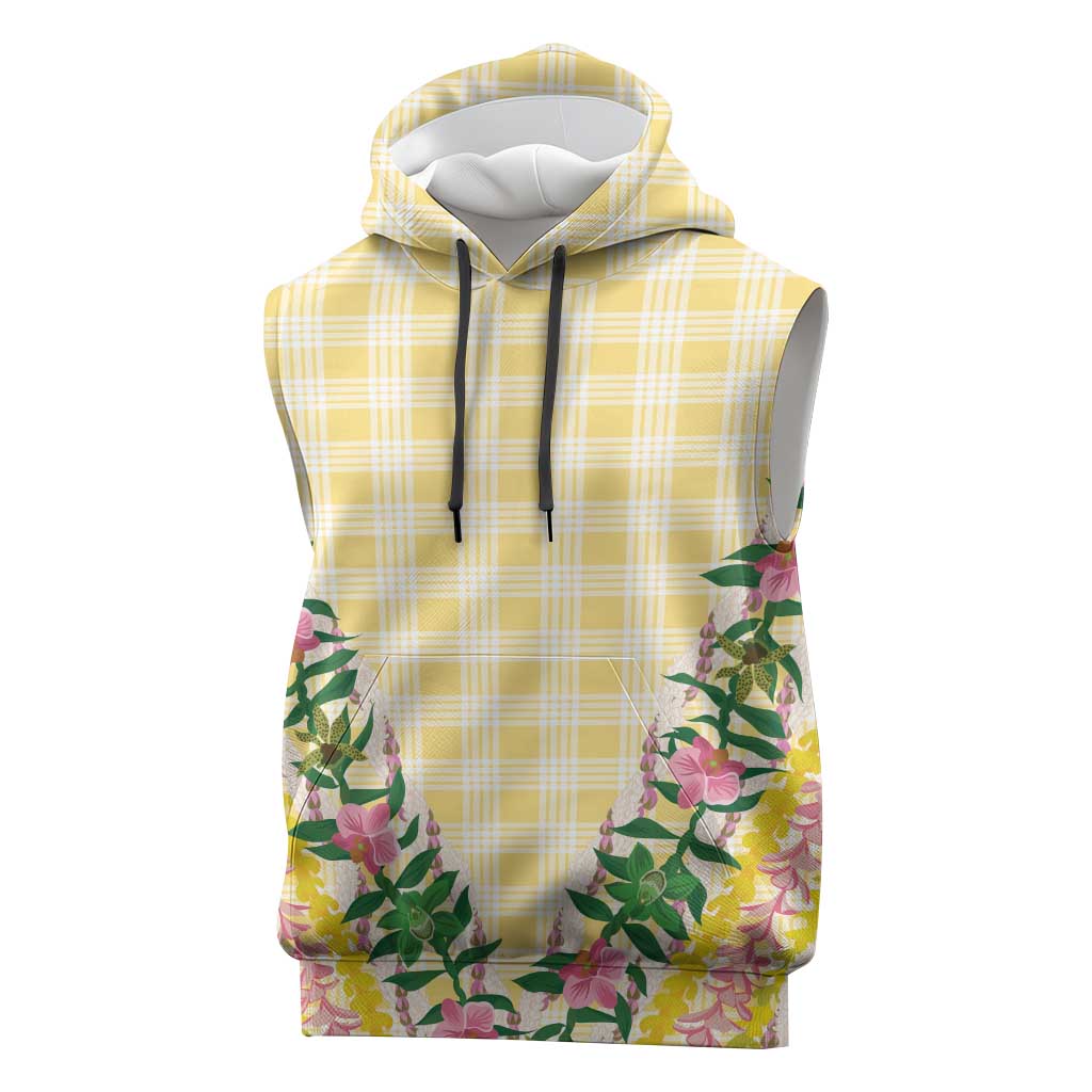 Hawaii Pikake Lokelani Plumeria Lei Sleeveless Hoodie Yellow Palaka Motifs
