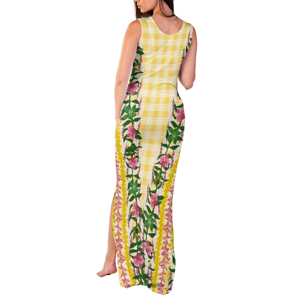 Hawaii Pikake Lokelani Plumeria Lei Tank Maxi Dress Yellow Palaka Motifs