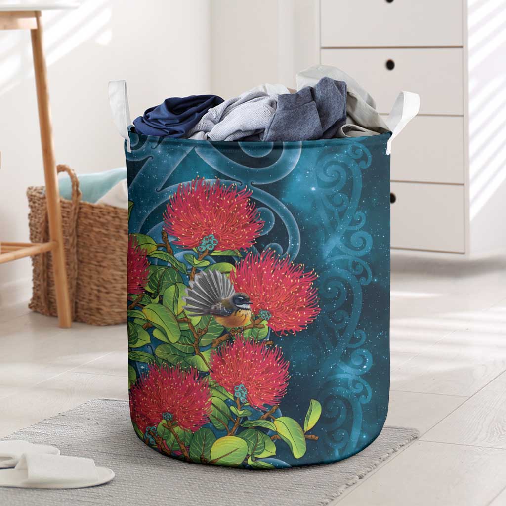 New Zealand Matariki Piwakawaka Laundry Basket Maori Koru With Pohutukawa Flowers