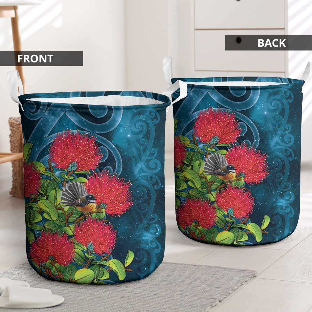 New Zealand Matariki Piwakawaka Laundry Basket Maori Koru With Pohutukawa Flowers