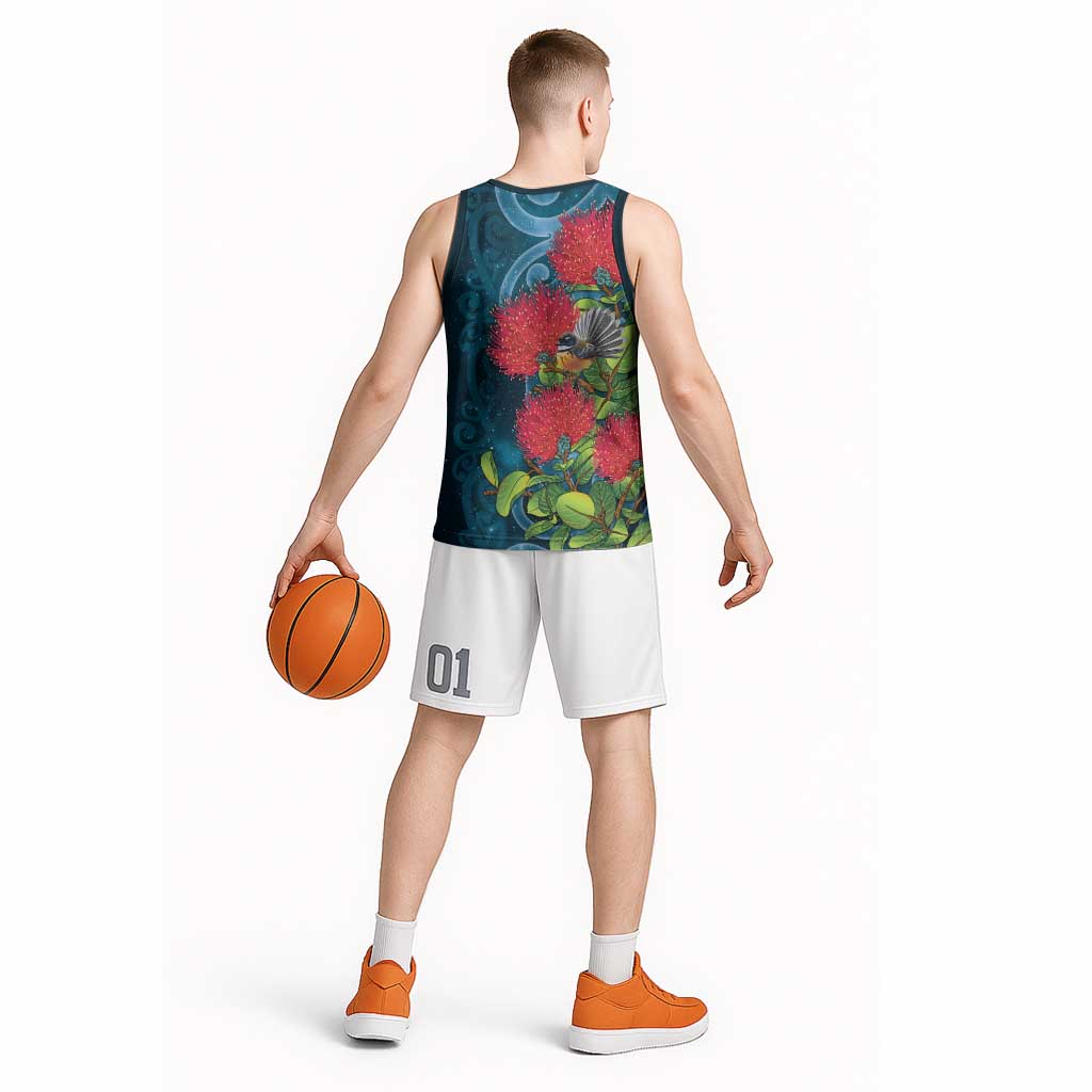 New Zealand Matariki Piwakawaka Basketball Jersey Maori Koru With Pohutukawa Flowers