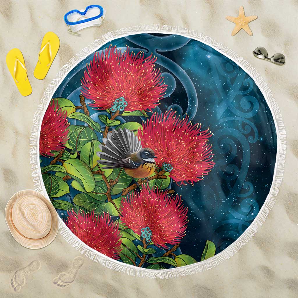 New Zealand Matariki Piwakawaka Beach Blanket Maori Koru With Pohutukawa Flowers