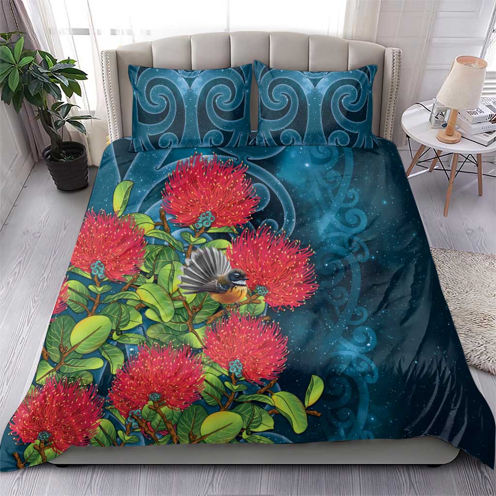 New Zealand Matariki Piwakawaka Bedding Set Maori Koru With Pohutukawa Flowers