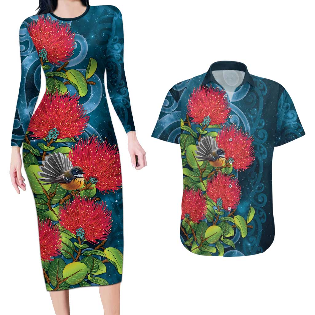 New Zealand Matariki Piwakawaka Couples Matching Long Sleeve Bodycon Dress and Hawaiian Shirt Maori Koru With Pohutukawa Flowers