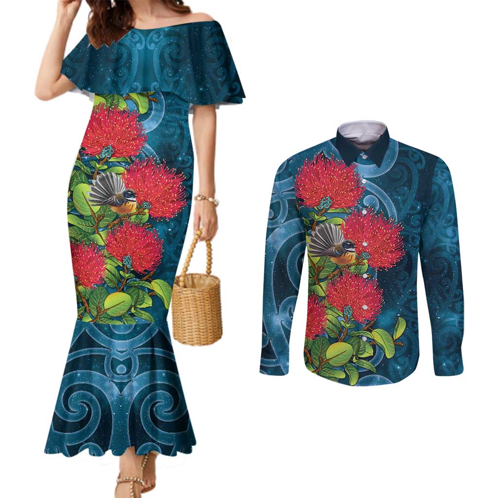New Zealand Matariki Piwakawaka Couples Matching Mermaid Dress and Long Sleeve Button Shirt Maori Koru With Pohutukawa Flowers LT05 Dark Teal - Polynesian Pride