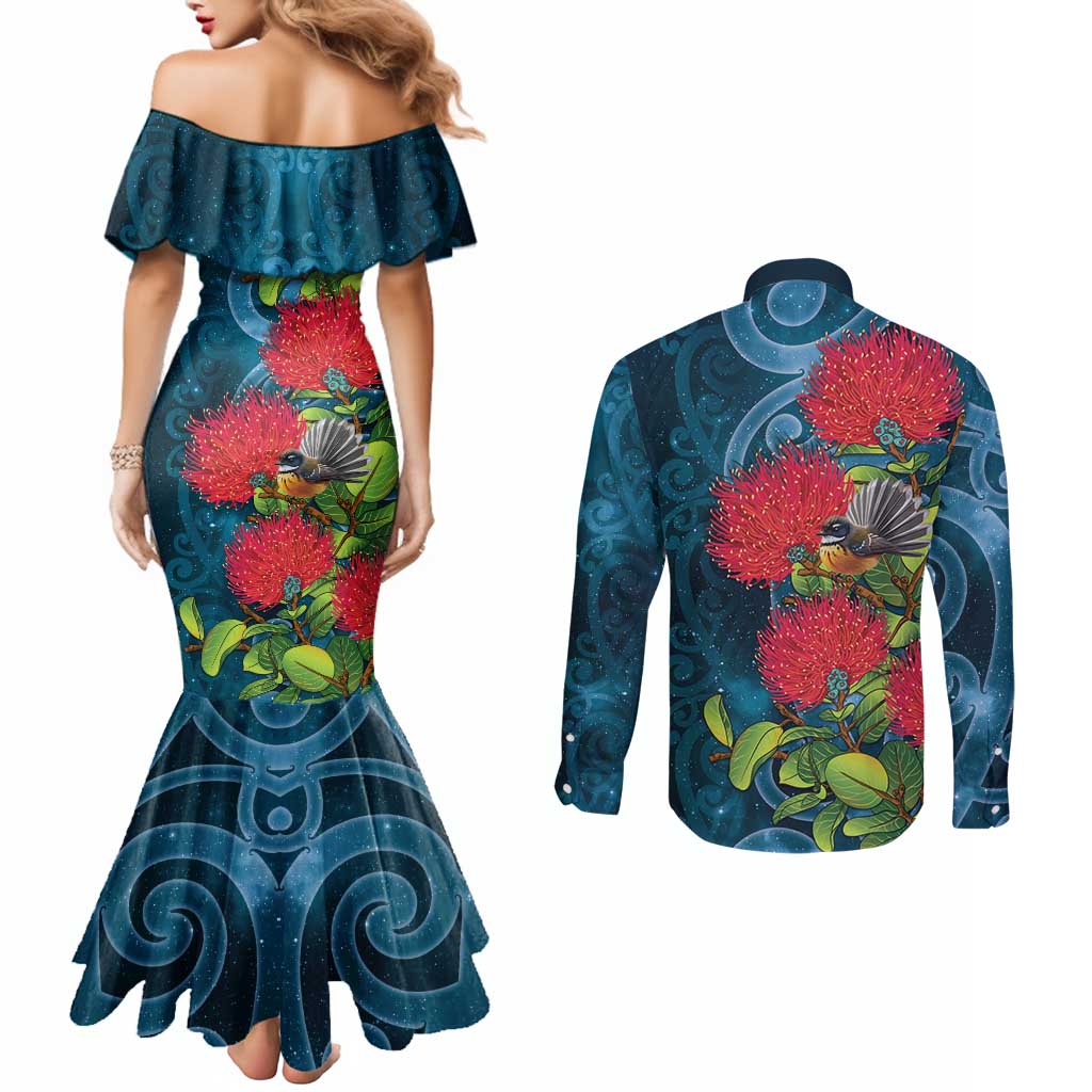 New Zealand Matariki Piwakawaka Couples Matching Mermaid Dress and Long Sleeve Button Shirt Maori Koru With Pohutukawa Flowers LT05 - Polynesian Pride