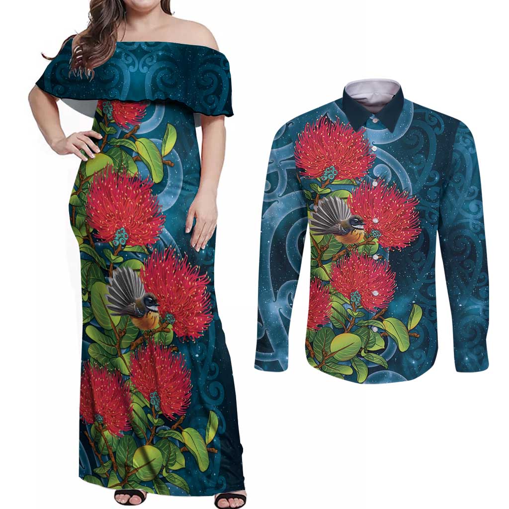 New Zealand Matariki Piwakawaka Couples Matching Off Shoulder Maxi Dress and Long Sleeve Button Shirt Maori Koru With Pohutukawa Flowers