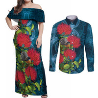 New Zealand Matariki Piwakawaka Couples Matching Off Shoulder Maxi Dress and Long Sleeve Button Shirt Maori Koru With Pohutukawa Flowers