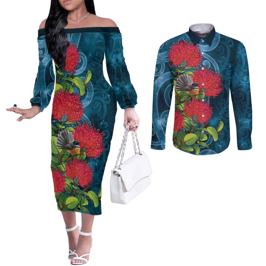 New Zealand Matariki Piwakawaka Couples Matching Off The Shoulder Long Sleeve Dress and Long Sleeve Button Shirt Maori Koru With Pohutukawa Flowers