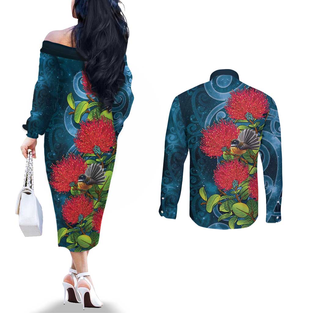 New Zealand Matariki Piwakawaka Couples Matching Off The Shoulder Long Sleeve Dress and Long Sleeve Button Shirt Maori Koru With Pohutukawa Flowers