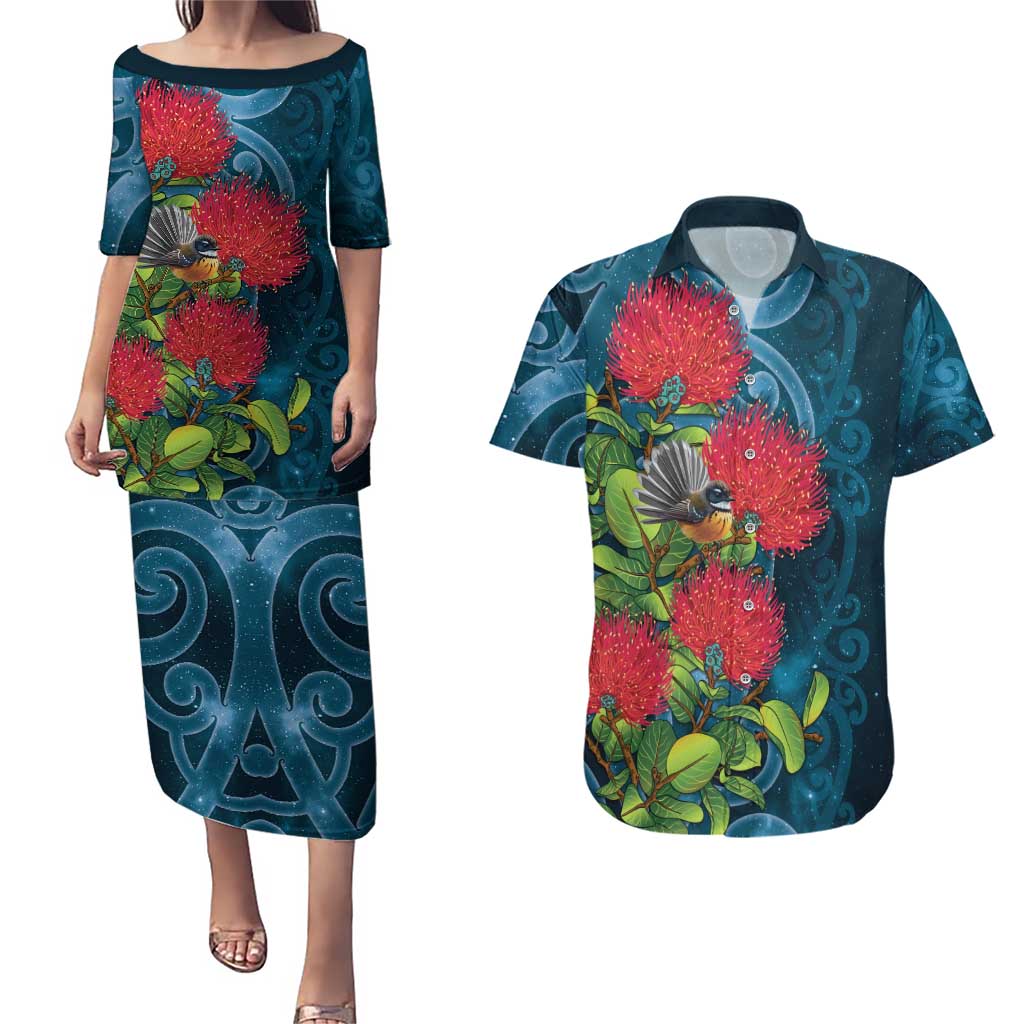 New Zealand Matariki Piwakawaka Couples Matching Puletasi and Hawaiian Shirt Maori Koru With Pohutukawa Flowers