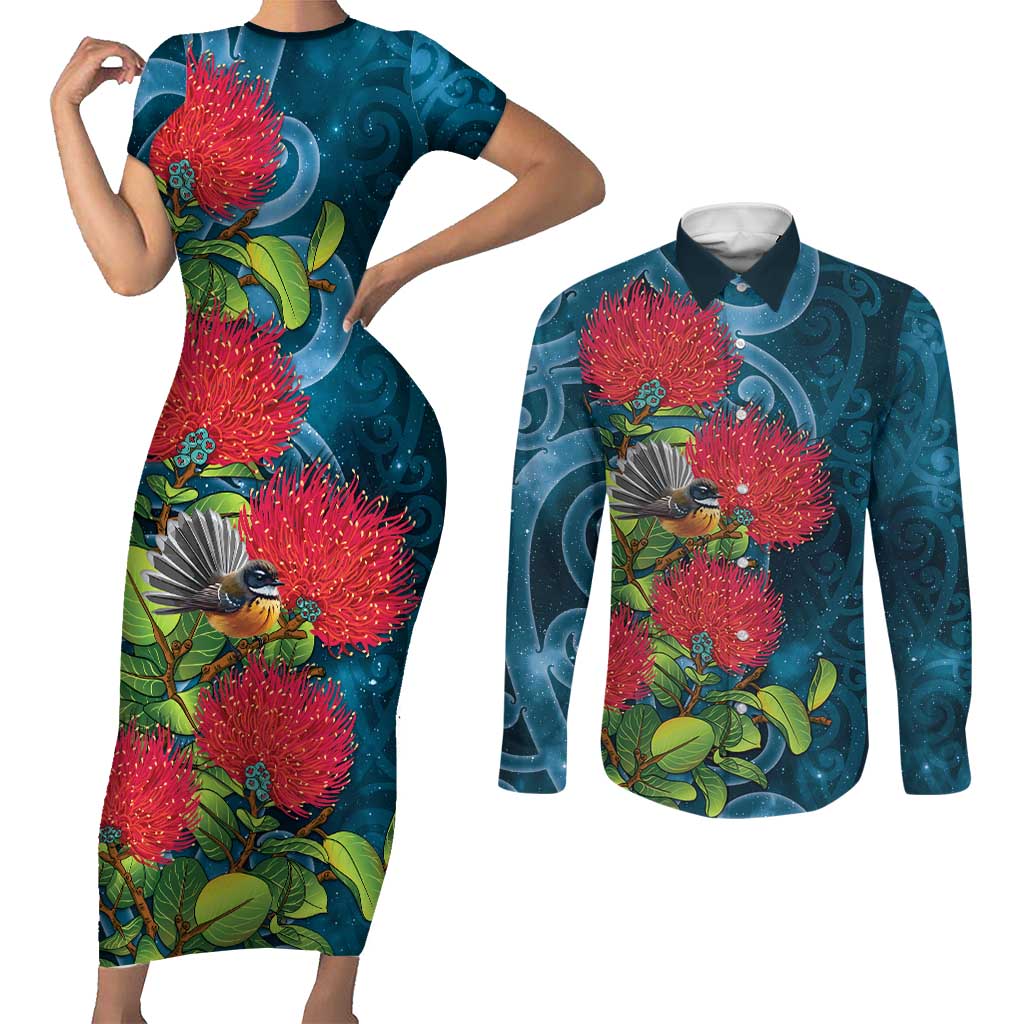 New Zealand Matariki Piwakawaka Couples Matching Short Sleeve Bodycon Dress and Long Sleeve Button Shirt Maori Koru With Pohutukawa Flowers