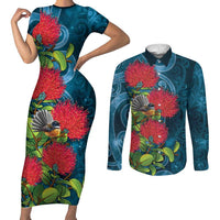 New Zealand Matariki Piwakawaka Couples Matching Short Sleeve Bodycon Dress and Long Sleeve Button Shirt Maori Koru With Pohutukawa Flowers
