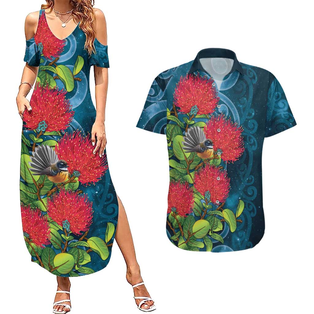 New Zealand Matariki Piwakawaka Couples Matching Summer Maxi Dress and Hawaiian Shirt Maori Koru With Pohutukawa Flowers LT05 Dark Teal - Polynesian Pride