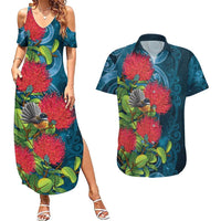 New Zealand Matariki Piwakawaka Couples Matching Summer Maxi Dress and Hawaiian Shirt Maori Koru With Pohutukawa Flowers LT05 Dark Teal - Polynesian Pride