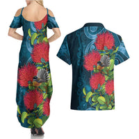 New Zealand Matariki Piwakawaka Couples Matching Summer Maxi Dress and Hawaiian Shirt Maori Koru With Pohutukawa Flowers LT05 - Polynesian Pride