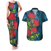 New Zealand Matariki Piwakawaka Couples Matching Tank Maxi Dress and Hawaiian Shirt Maori Koru With Pohutukawa Flowers
