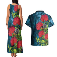 New Zealand Matariki Piwakawaka Couples Matching Tank Maxi Dress and Hawaiian Shirt Maori Koru With Pohutukawa Flowers