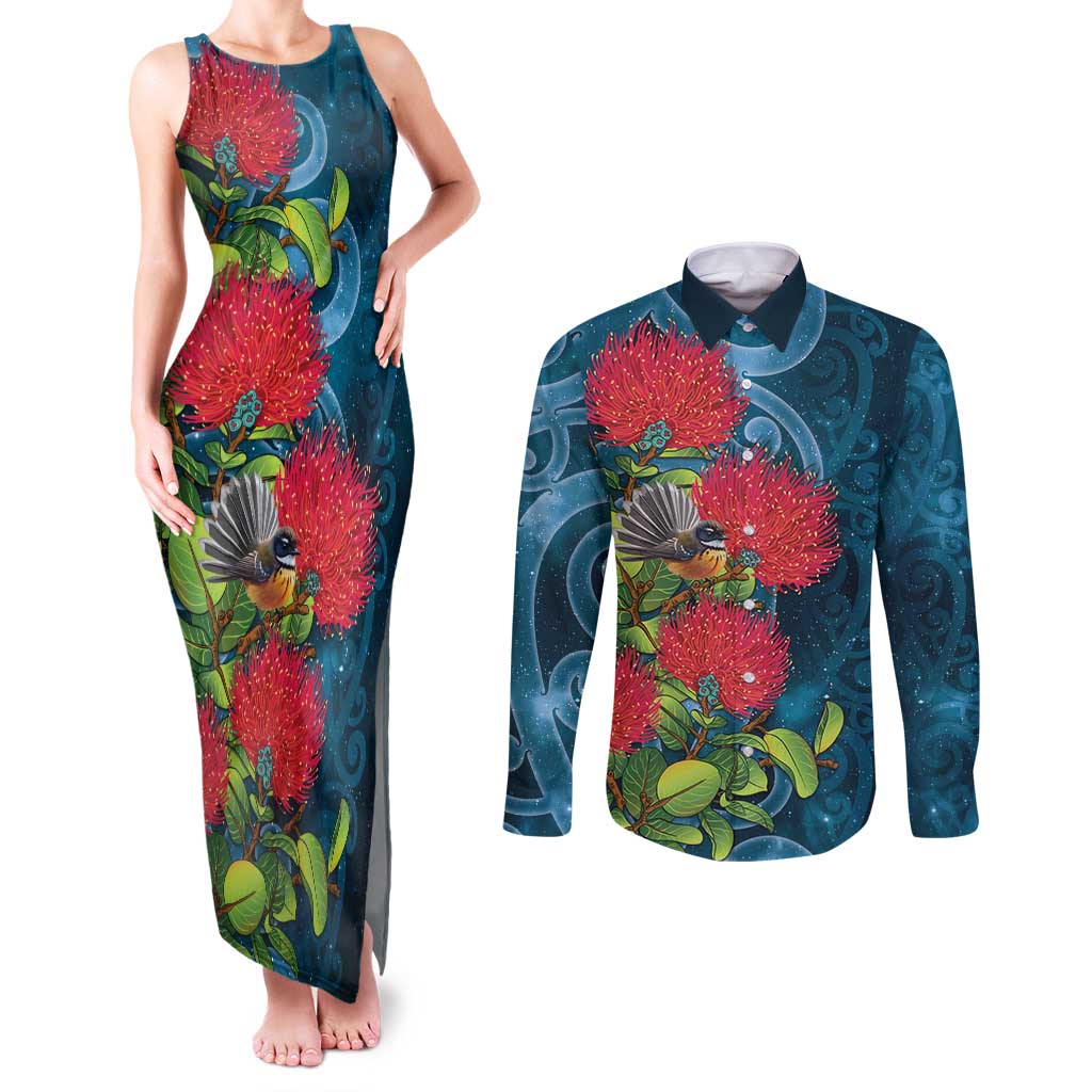 New Zealand Matariki Piwakawaka Couples Matching Tank Maxi Dress and Long Sleeve Button Shirt Maori Koru With Pohutukawa Flowers