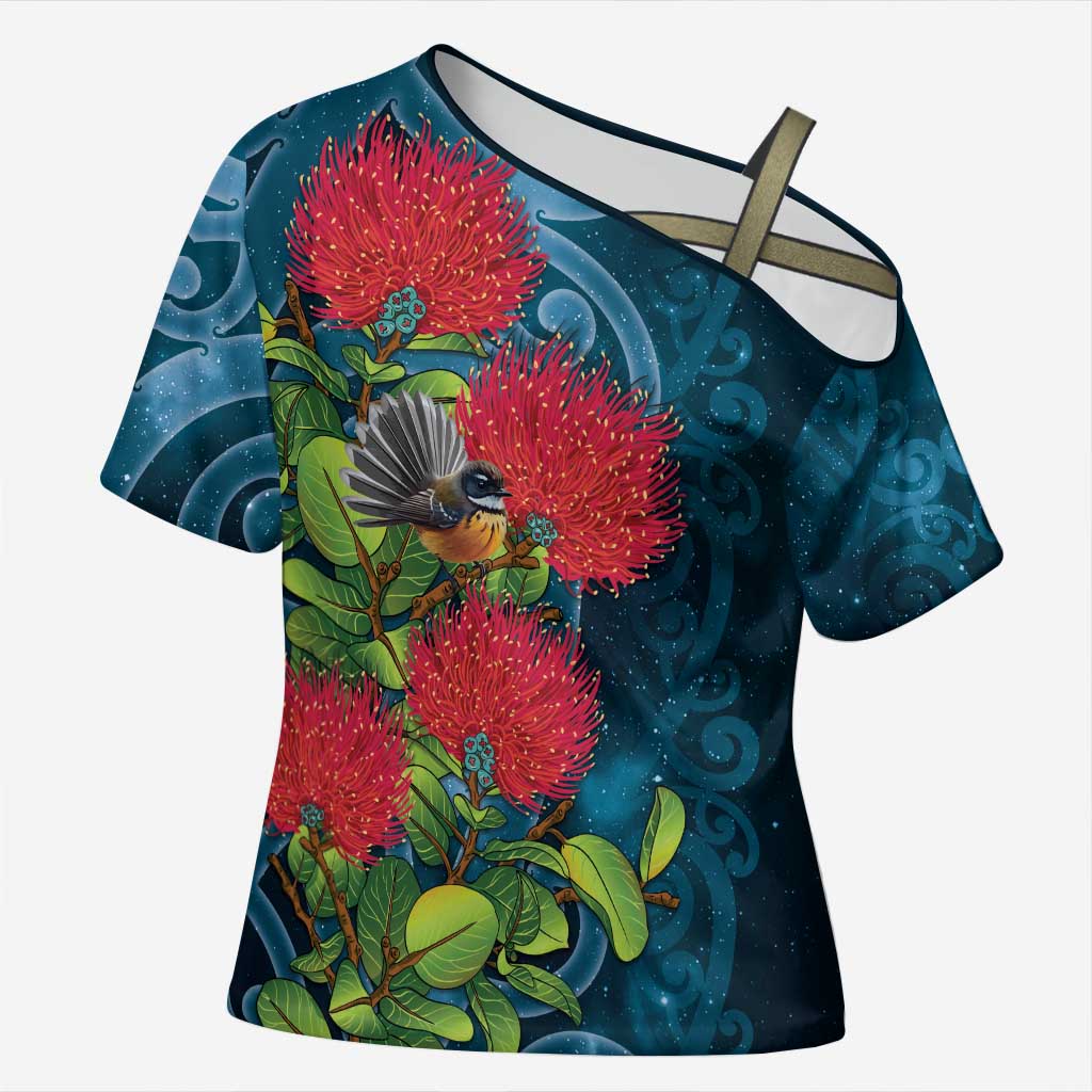 New Zealand Matariki Piwakawaka Cross Shoulder Shirt Maori Koru With Pohutukawa Flowers