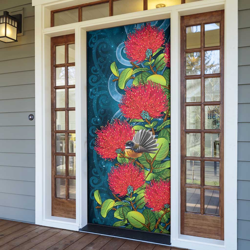 New Zealand Matariki Piwakawaka Door Cover Maori Koru With Pohutukawa Flowers