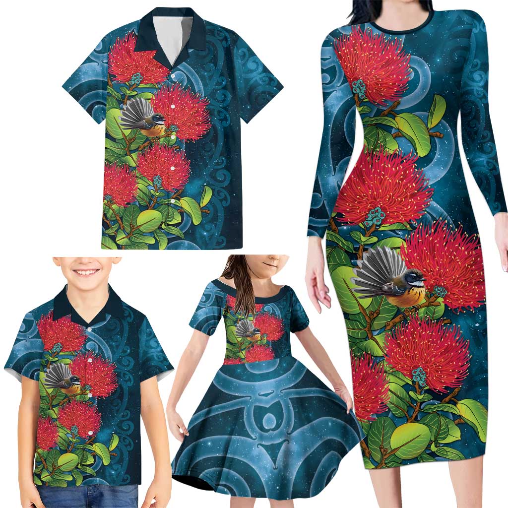 New Zealand Matariki Piwakawaka Family Matching Long Sleeve Bodycon Dress and Hawaiian Shirt Maori Koru With Pohutukawa Flowers
