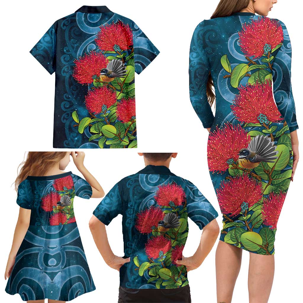 New Zealand Matariki Piwakawaka Family Matching Long Sleeve Bodycon Dress and Hawaiian Shirt Maori Koru With Pohutukawa Flowers