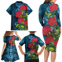 New Zealand Matariki Piwakawaka Family Matching Long Sleeve Bodycon Dress and Hawaiian Shirt Maori Koru With Pohutukawa Flowers