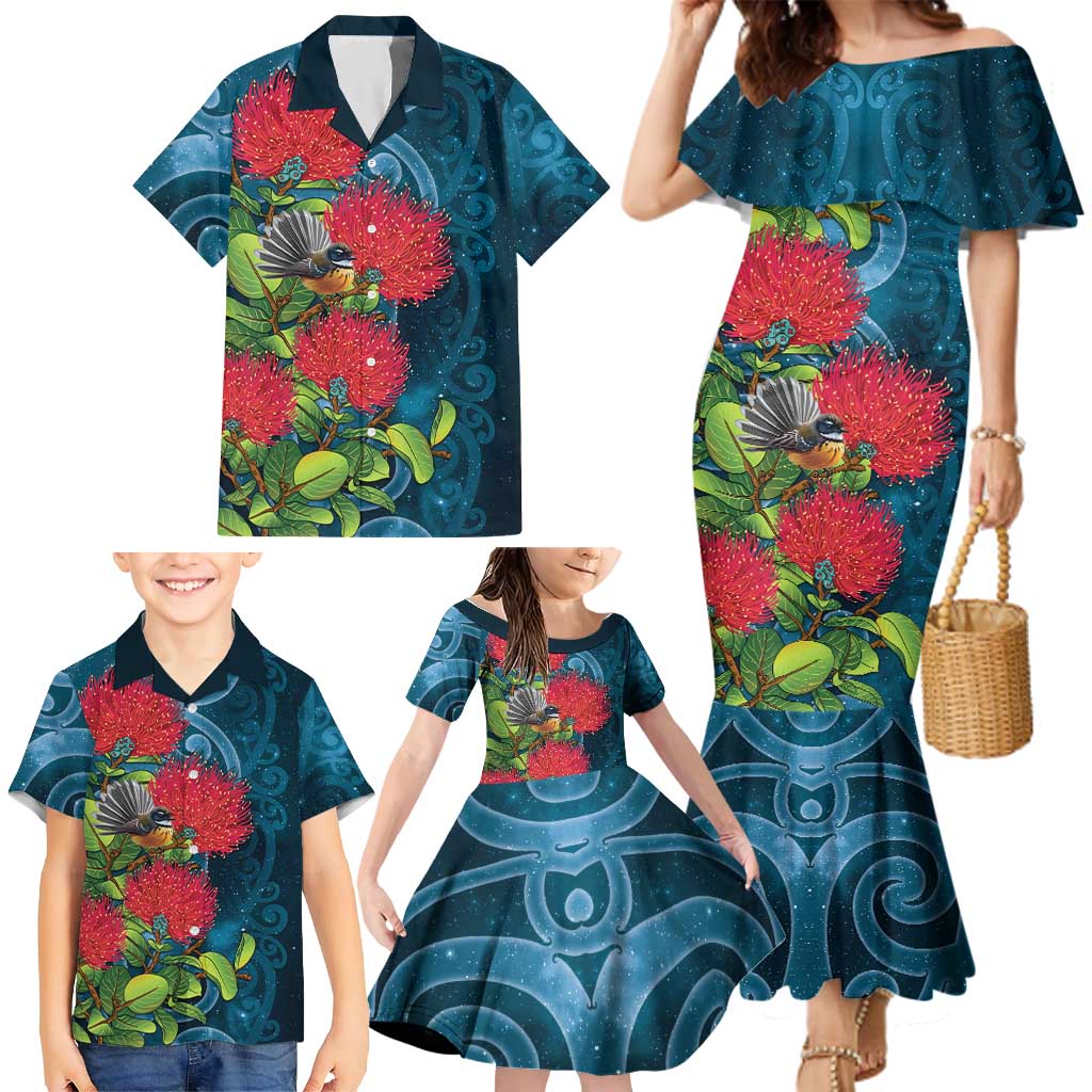 New Zealand Matariki Piwakawaka Family Matching Mermaid Dress and Hawaiian Shirt Maori Koru With Pohutukawa Flowers