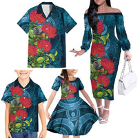 New Zealand Matariki Piwakawaka Family Matching Off The Shoulder Long Sleeve Dress and Hawaiian Shirt Maori Koru With Pohutukawa Flowers