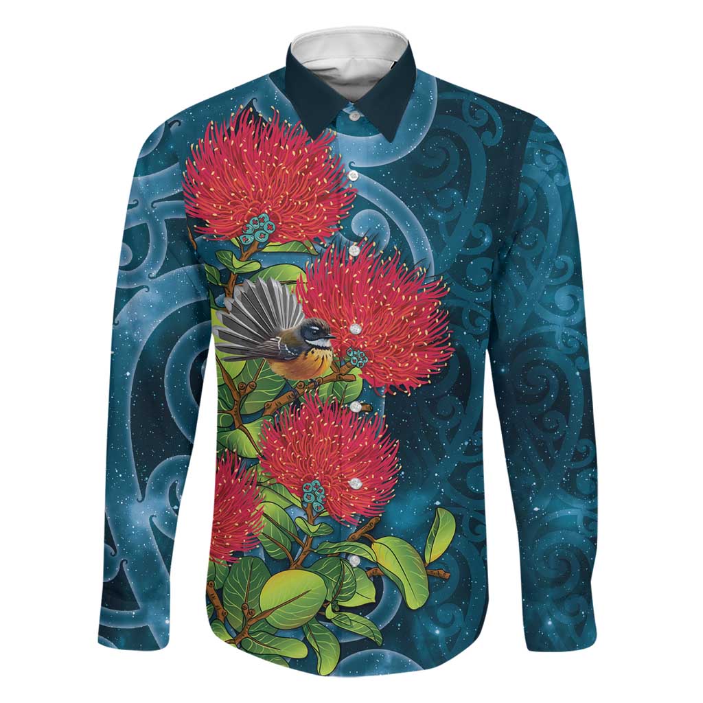 New Zealand Matariki Piwakawaka Family Matching Off The Shoulder Long Sleeve Dress and Hawaiian Shirt Maori Koru With Pohutukawa Flowers