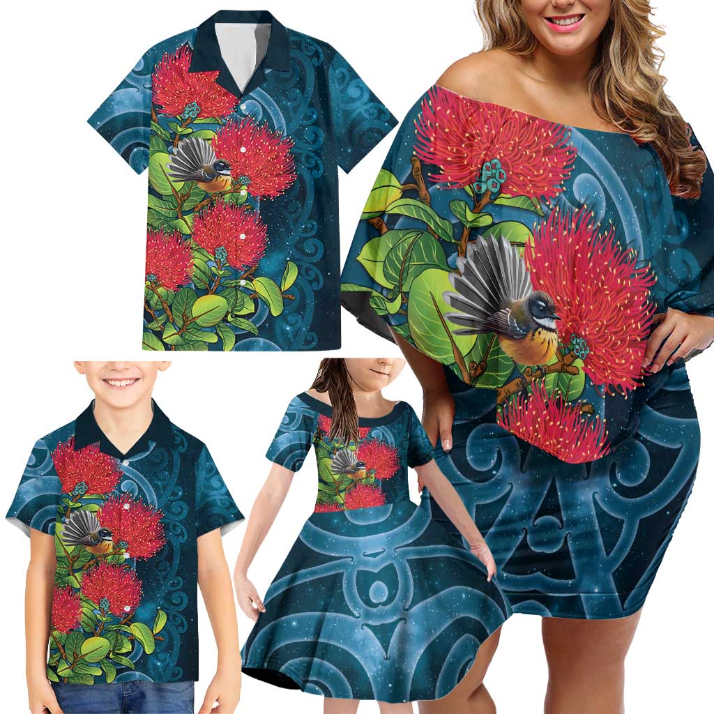New Zealand Matariki Piwakawaka Family Matching Off Shoulder Short Dress and Hawaiian Shirt Maori Koru With Pohutukawa Flowers
