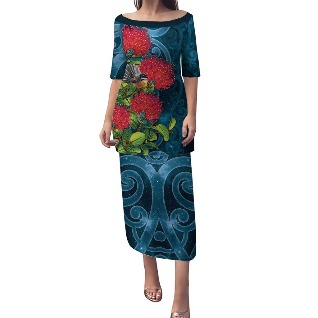 New Zealand Matariki Piwakawaka Family Matching Puletasi and Hawaiian Shirt Maori Koru With Pohutukawa Flowers