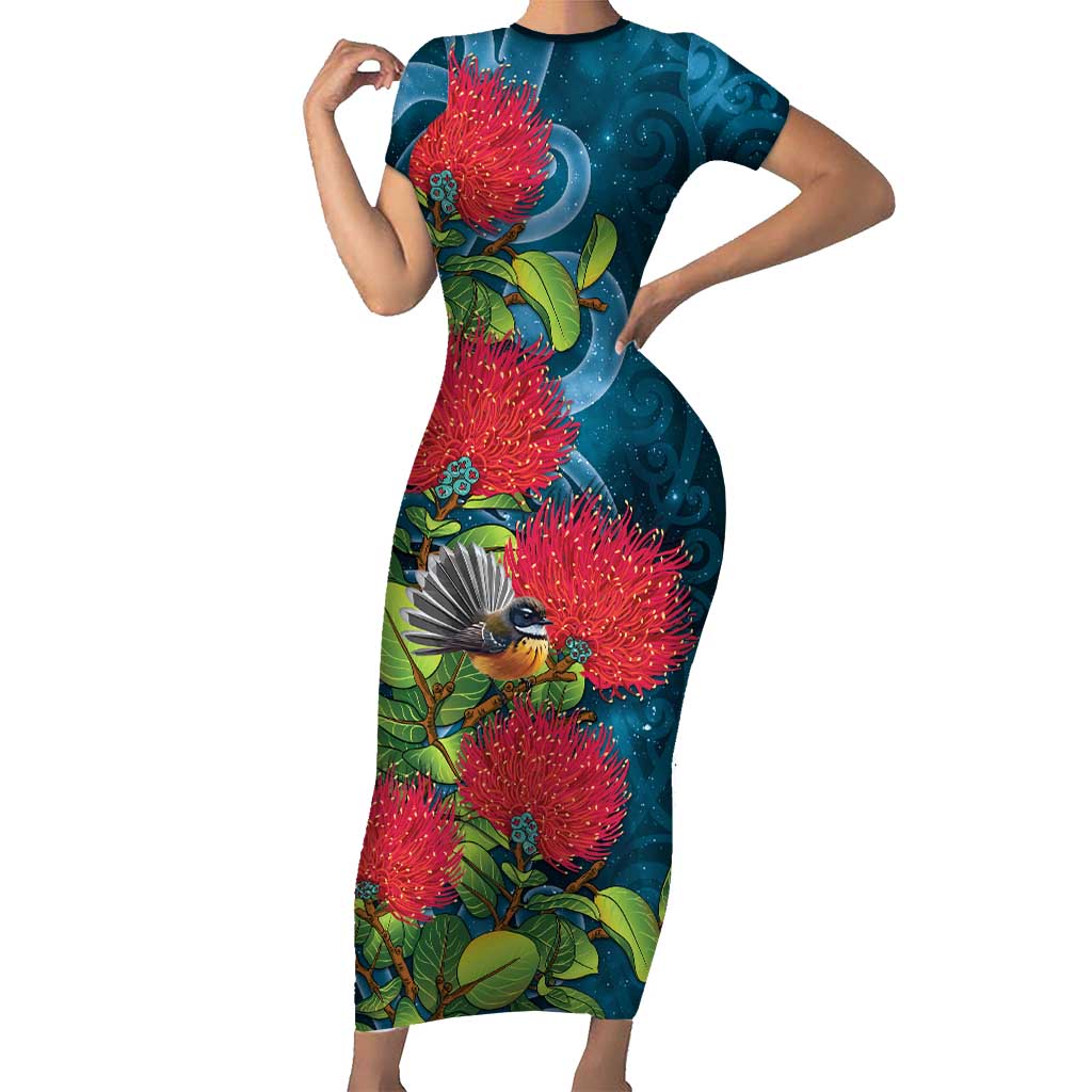 New Zealand Matariki Piwakawaka Family Matching Short Sleeve Bodycon Dress and Hawaiian Shirt Maori Koru With Pohutukawa Flowers