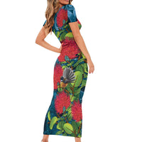 New Zealand Matariki Piwakawaka Family Matching Short Sleeve Bodycon Dress and Hawaiian Shirt Maori Koru With Pohutukawa Flowers