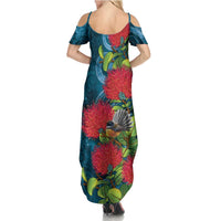 New Zealand Matariki Piwakawaka Family Matching Summer Maxi Dress and Hawaiian Shirt Maori Koru With Pohutukawa Flowers