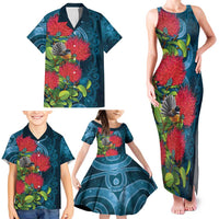 New Zealand Matariki Piwakawaka Family Matching Tank Maxi Dress and Hawaiian Shirt Maori Koru With Pohutukawa Flowers