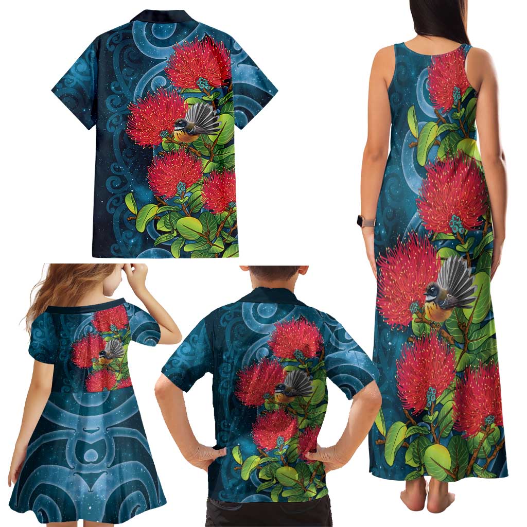 New Zealand Matariki Piwakawaka Family Matching Tank Maxi Dress and Hawaiian Shirt Maori Koru With Pohutukawa Flowers