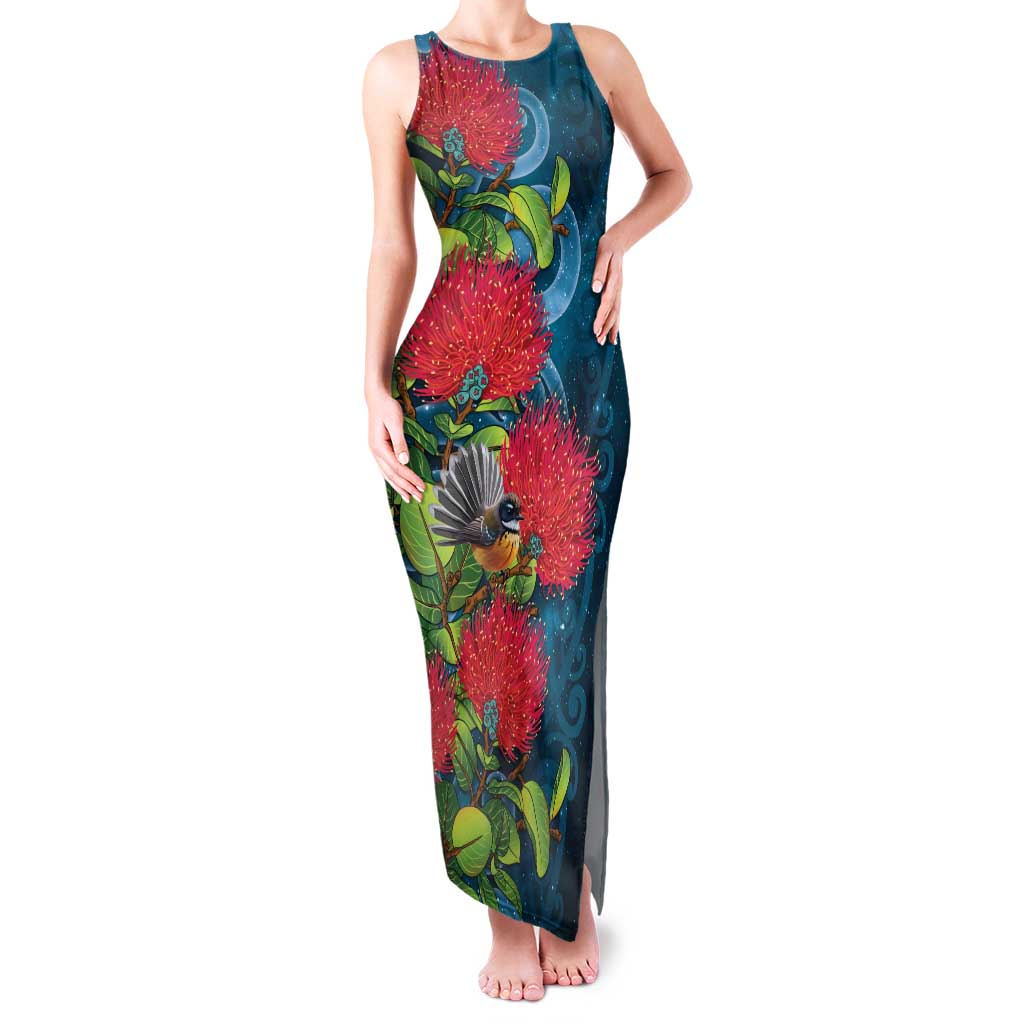 New Zealand Matariki Piwakawaka Family Matching Tank Maxi Dress and Hawaiian Shirt Maori Koru With Pohutukawa Flowers