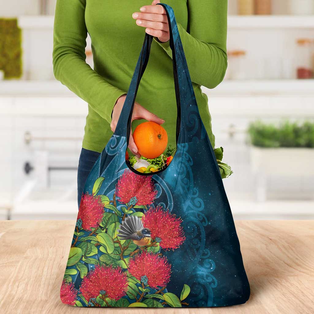 New Zealand Matariki Piwakawaka Grocery Bag Maori Koru With Pohutukawa Flowers