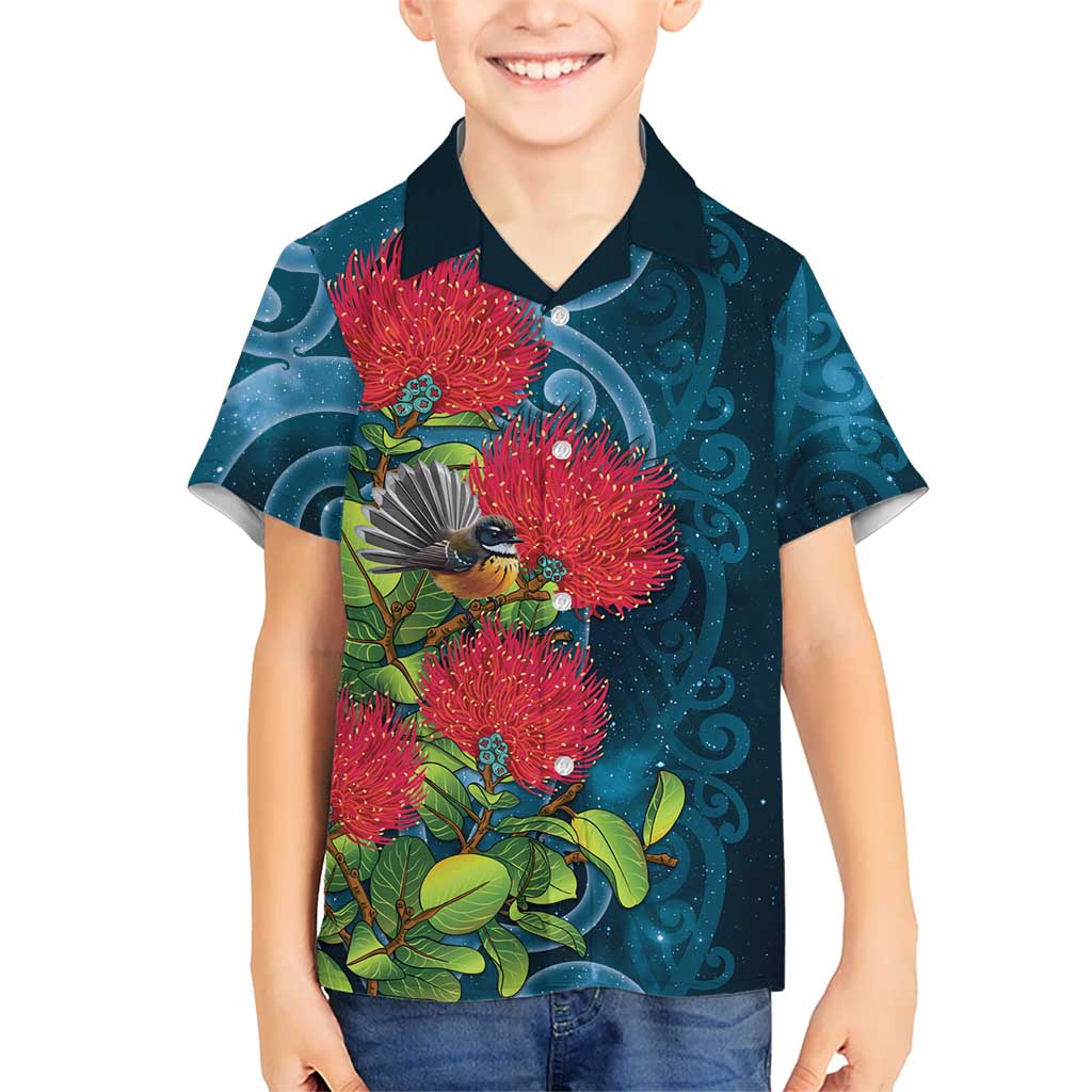 New Zealand Matariki Piwakawaka Kid Hawaiian Shirt Maori Koru With Pohutukawa Flowers LT05 Kid Dark Teal - Polynesian Pride