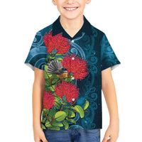 New Zealand Matariki Piwakawaka Kid Hawaiian Shirt Maori Koru With Pohutukawa Flowers LT05 Kid Dark Teal - Polynesian Pride
