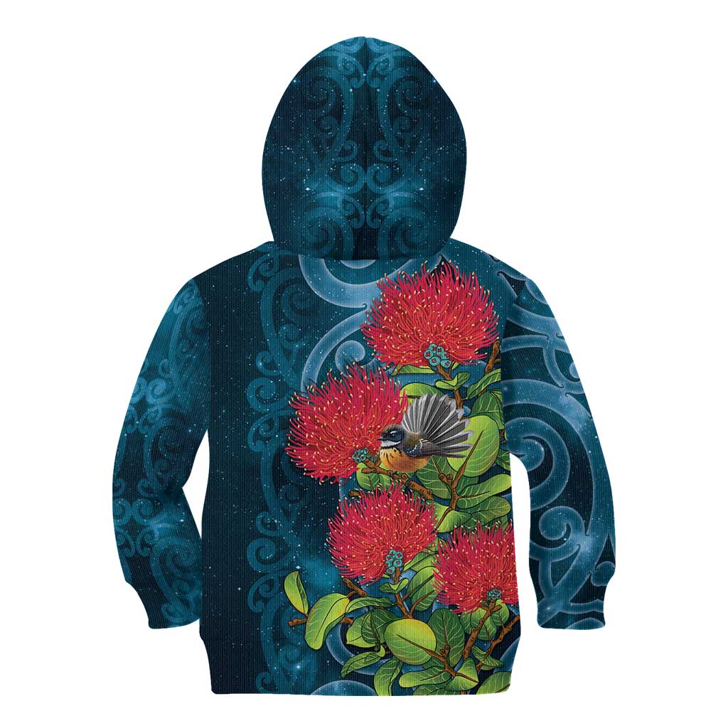 New Zealand Matariki Piwakawaka Kid Hoodie Maori Koru With Pohutukawa Flowers