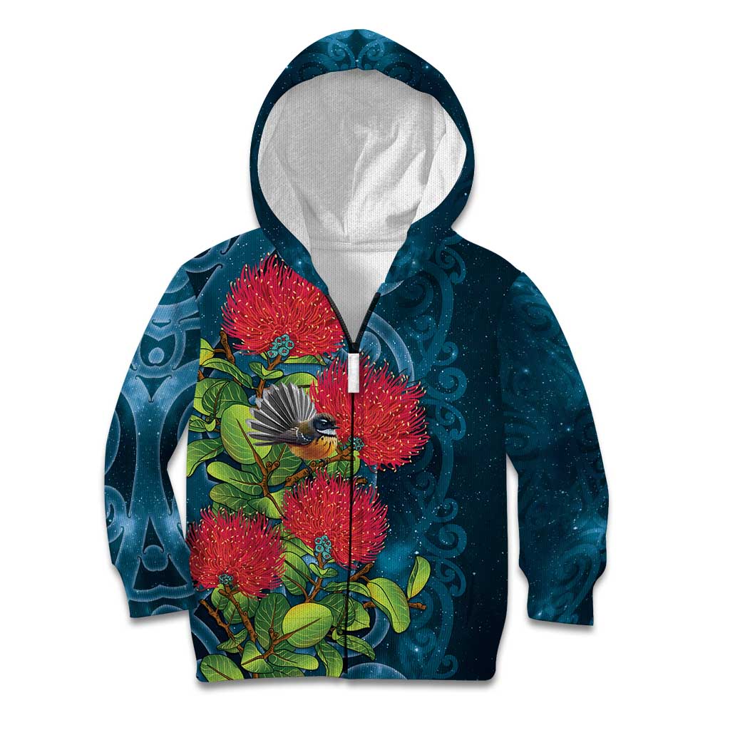 New Zealand Matariki Piwakawaka Kid Hoodie Maori Koru With Pohutukawa Flowers