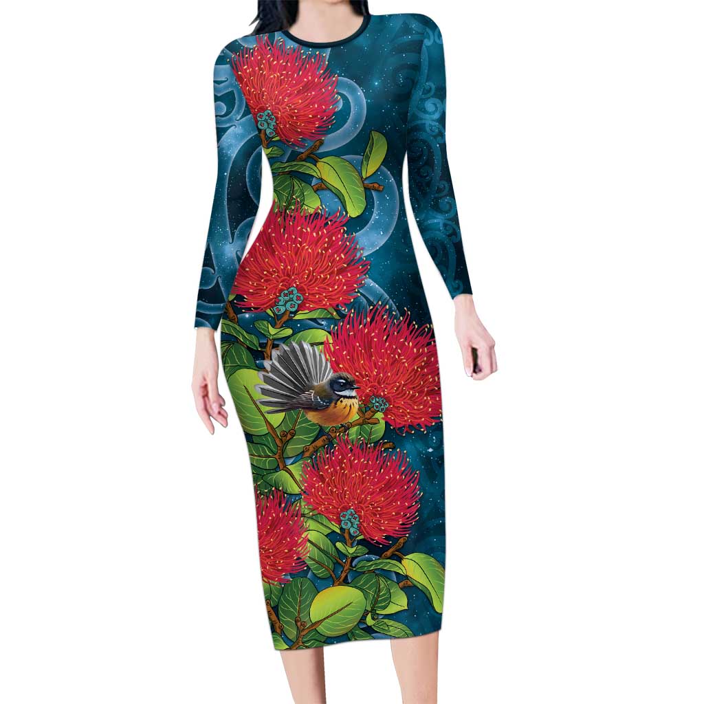 New Zealand Matariki Piwakawaka Long Sleeve Bodycon Dress Maori Koru With Pohutukawa Flowers